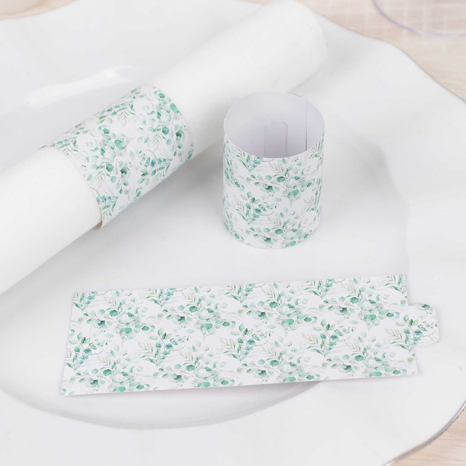 Efavormart 50 Pack White Green Paper Napkin Rings with Eucalyptus