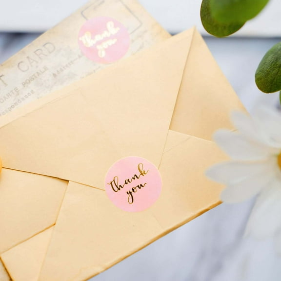 Efavormart 500PCS - 1" Round Thank You Stickers Roll With Gold Foil Text On Pink, DIY Envelope Seal Labels for DIY, Party, Weddings, Baby showers Packaging, Wrapping, Gifts Decorations