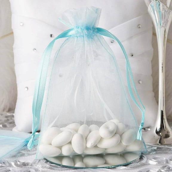 Efavormart 50PCS BABY BLUE Organza Gift Bag Drawstring Pouch Wedding Favors Bridal Shower Treat Jewelry Bags - 5"x7"