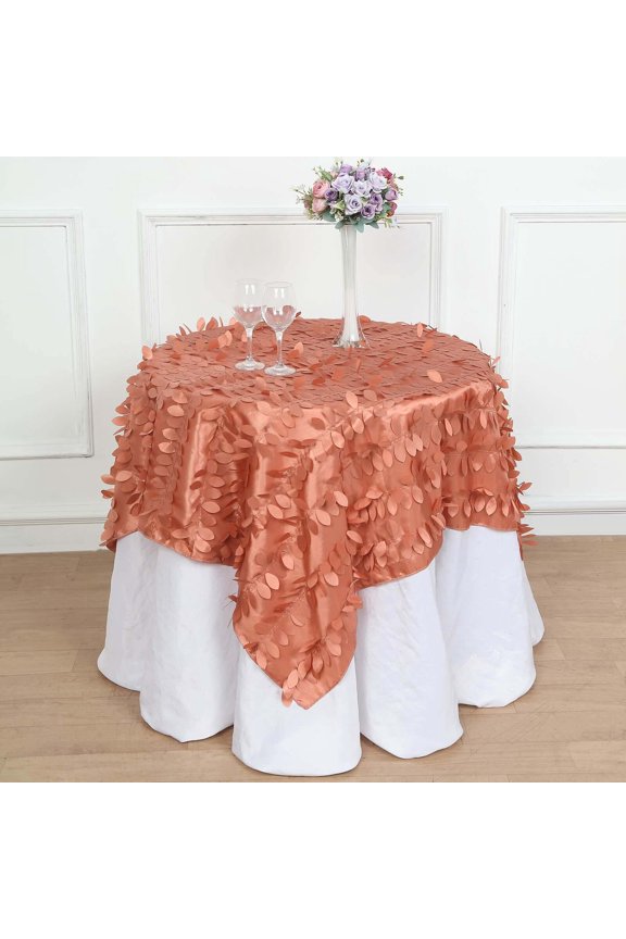 54" Square Leaf Petal Taffeta Tablecloth - Decorative 3D Leaf Ruffle Table Cover for Forest Party, Wedding, Event, Dessert Tables - Terracotta