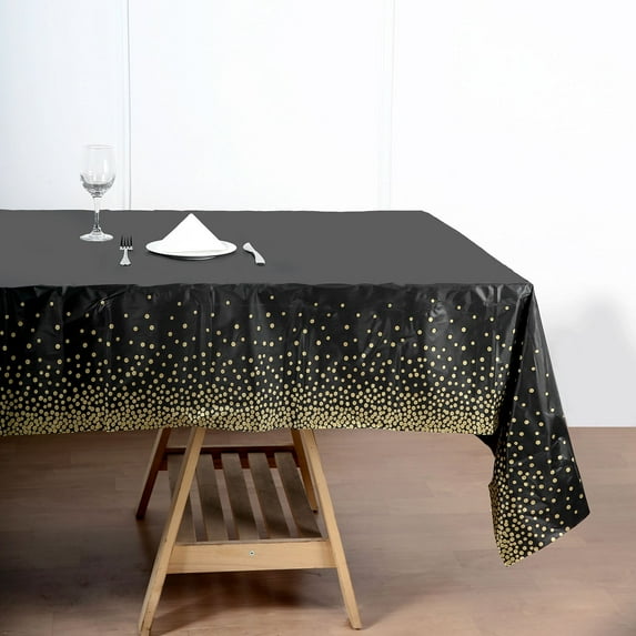 Efavormart 54" x 108" | 10 Mil Thick Confetti Dots Waterproof Tablecloth, PVC Rectangle Disposable Tablecloth - Black/Gold