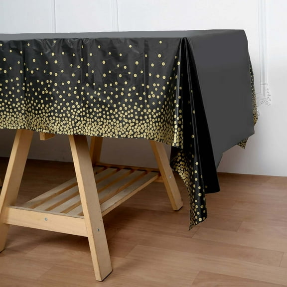 Efavormart 5Pack | 54" x 108" | 10 Mil Thick Confetti Dots Waterproof Tablecloth, PVC Rectangle Disposable Tablecloth - Black/Gold