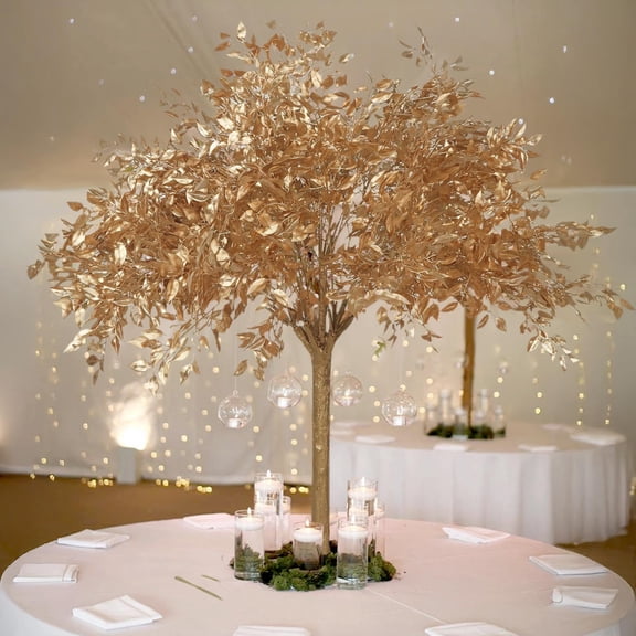 Efavormart 5ft Metallic Gold Faux Leaf Trees – Indoor Event Décor with Realistic Trunk Base