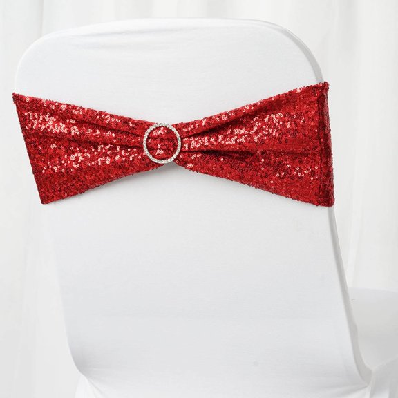 Efavormart 5pc x SEQUINED Spandex Chair Sash for Wedding Events Decor Chair Bow Sash Party Decoration Supplies - Red