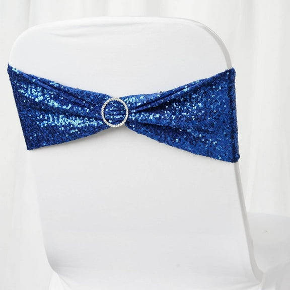 Efavormart 5pc x SEQUINED Spandex Chair Sash for Wedding Events Decor Chair Bow Sash Party Decoration Supplies - Royal Blue