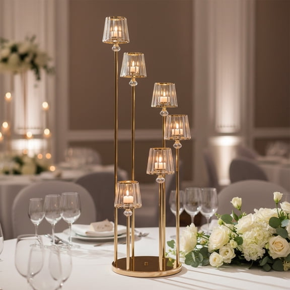 Efavormart 6-Arm Crystal Pendant Cluster Candelabra Candle Holder, 4ft Gold Metal Candle Stand with Round Base