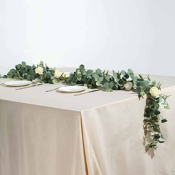 Efavormart 6 Ft Frosted Green Faux Eucalyptus Garland With Ivory Roses, Flower Garland Backdrop Decor