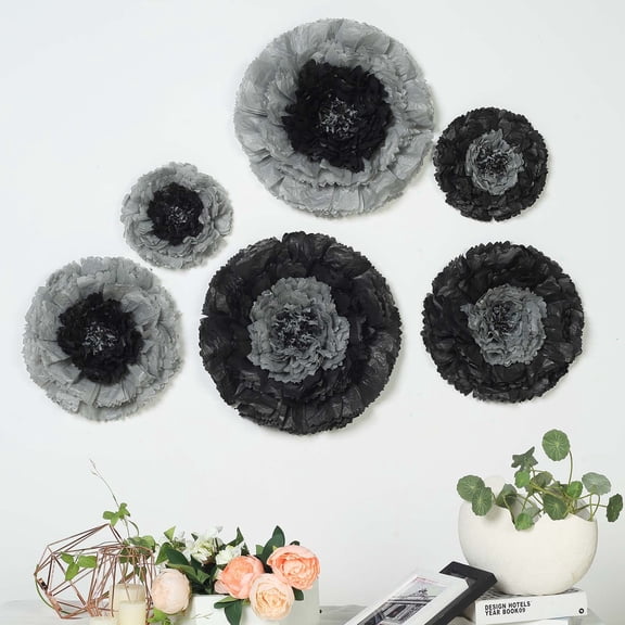 Efavormart 6 Multi Size Pack | Carnation Charcoal Grey Dual Tone 3D Wall Flowers Giant  Paper Flowers - 12",16",20"