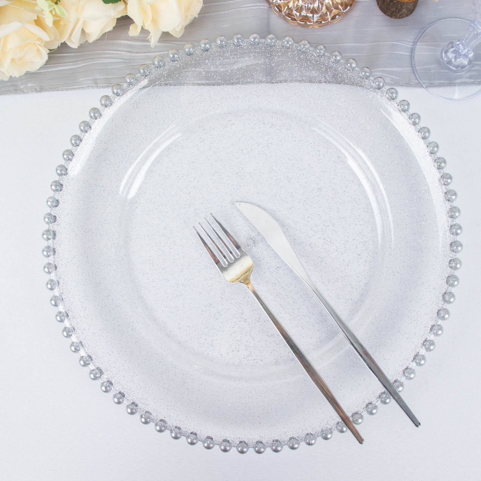 Efavormart 6 Pack 12" Clear / Silver Glitter Acrylic Plastic Charger