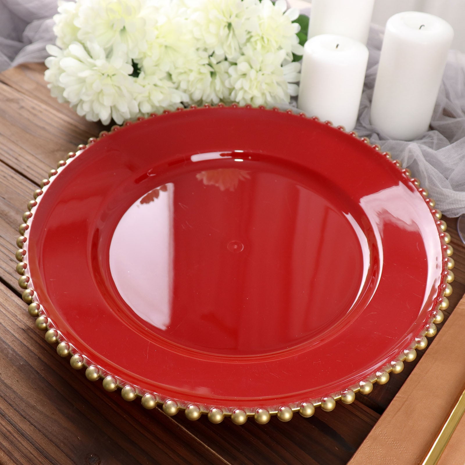 Efavormart 6 Pack 12" Red Clear Acrylic Round Charger Plates With Beaded Rim Dinner Charger