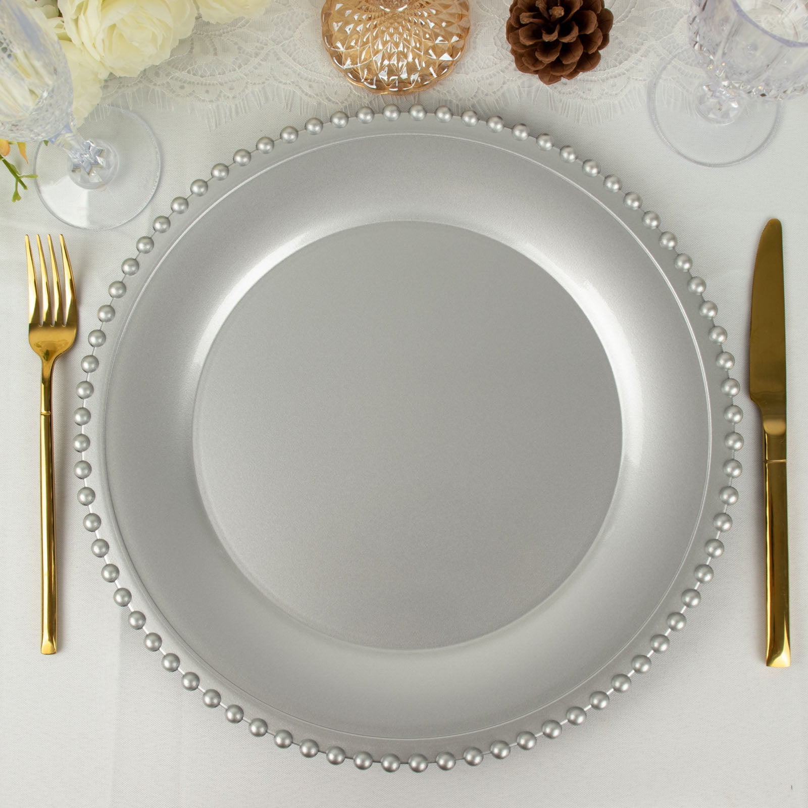 Efavormart 6 Pack 12" Silver Acrylic Round Charger Plates With Beaded ...