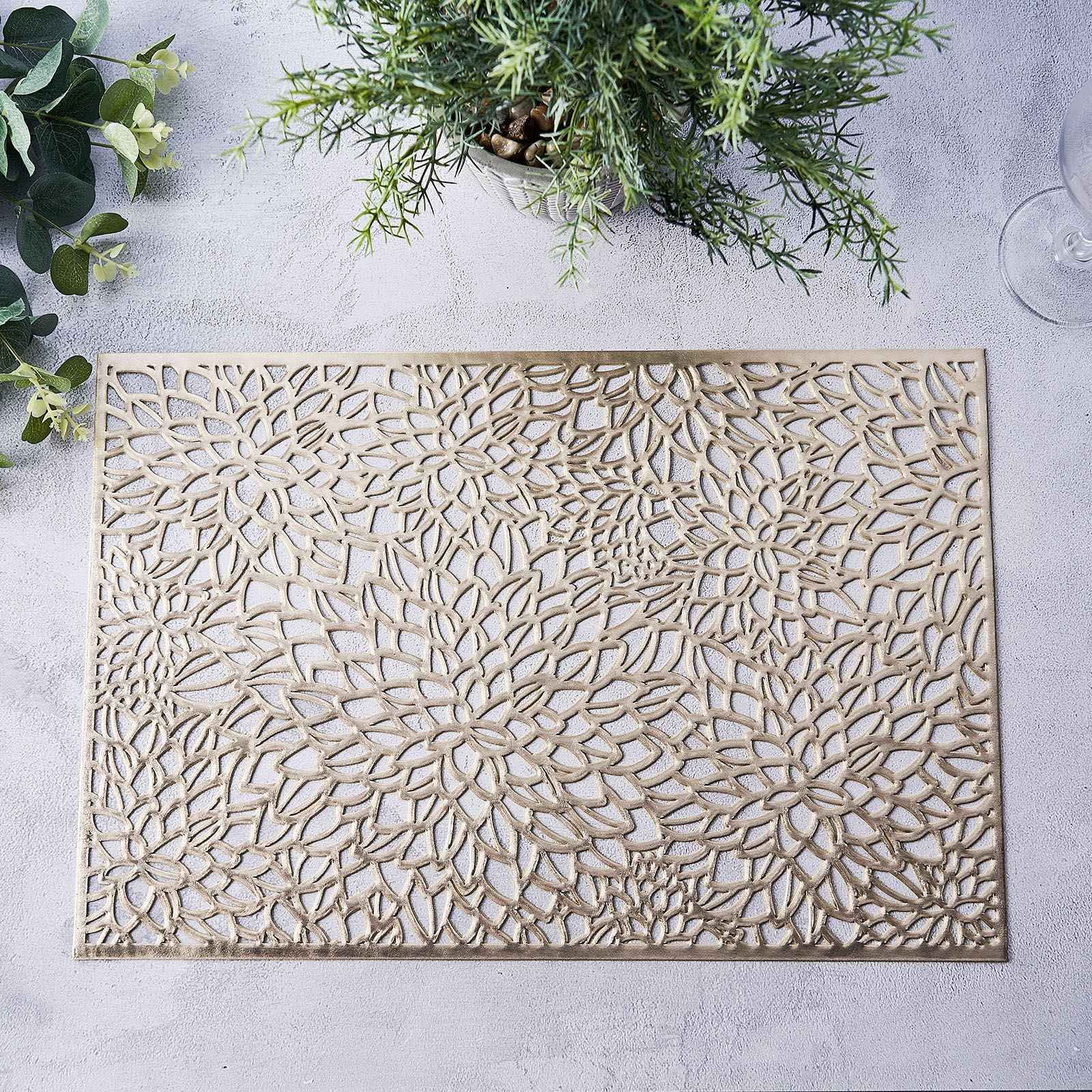 Gold Floral Design Heat Resistant Vinyl Placemats, 17.75" x 12"