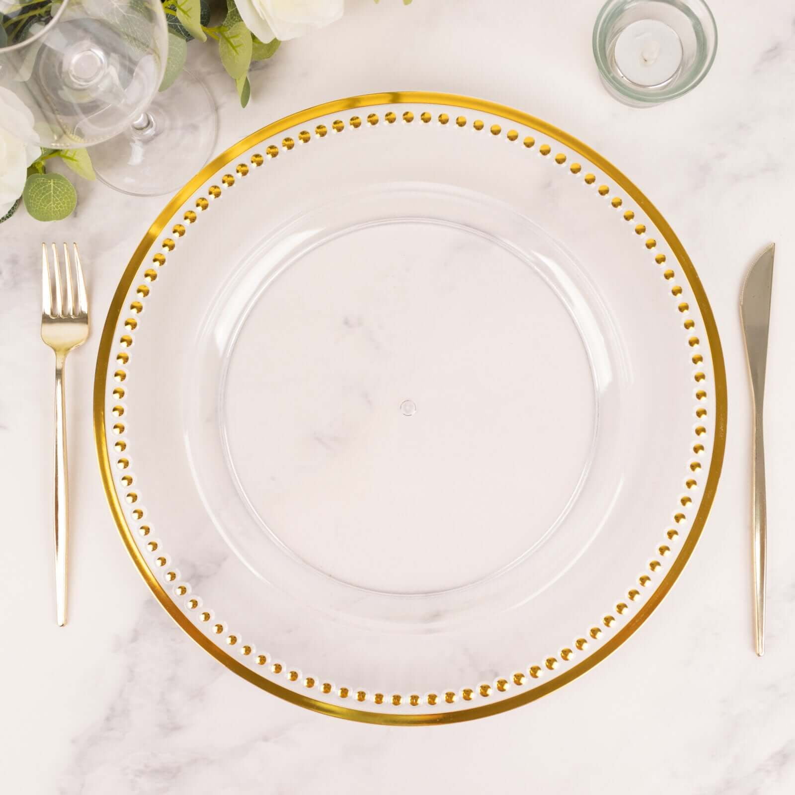 Efavormart 6 Pack 13" Beaded Gold Clear Acrylic Charger Plate, Plastic Round Dinner Charger Event Tabletop Decor