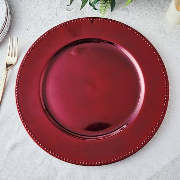 Efavormart 6 Pack - 13"  Burgundy Round Acrylic Beaded Charger Plates  Perfect for Wedding Catering Decorations Centerpieces, Events Party, Tabletop Decor & Dinner Servers