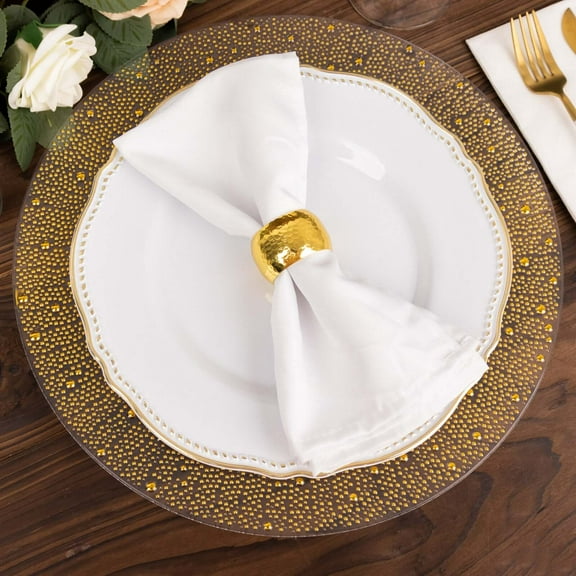 Efavormart 6 Pack | 13" Clear / Gold Pearl Beaded Plastic Wedding Charger Plates, Round Disposable Serving Plates With Dotted Rim
