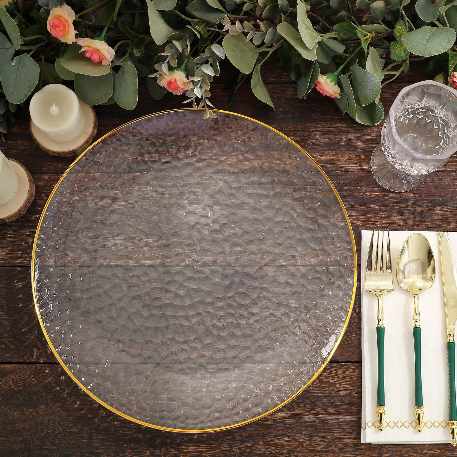 Efavormart 6 Pack | 13" Clear Gold Rim Hammered Plastic Charger Plates ...