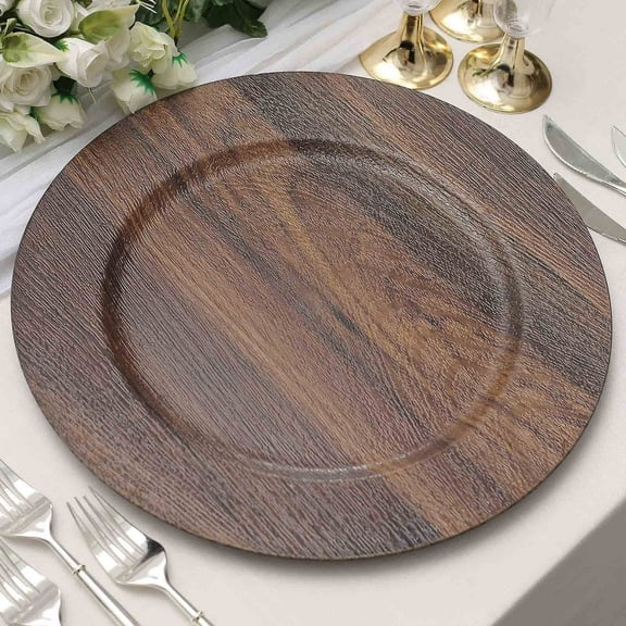 Efavormart 6 Pack | 13" Dark Brown Boho Chic Faux Wood Plastic Charger Plates, Round Rustic Wedding Party Service Plates