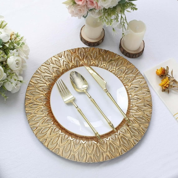 Efavormart 6 Pack | 13" Gold Embossed Peacock Design Plastic Serving Plates, Round Disposable Charger Plates
