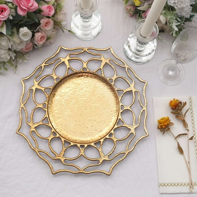 Efavormart 6 Pack | 13" Gold Floral Cutout Acrylic Charger Plates, Hollow Flower Decorative Plastic Serving Plates