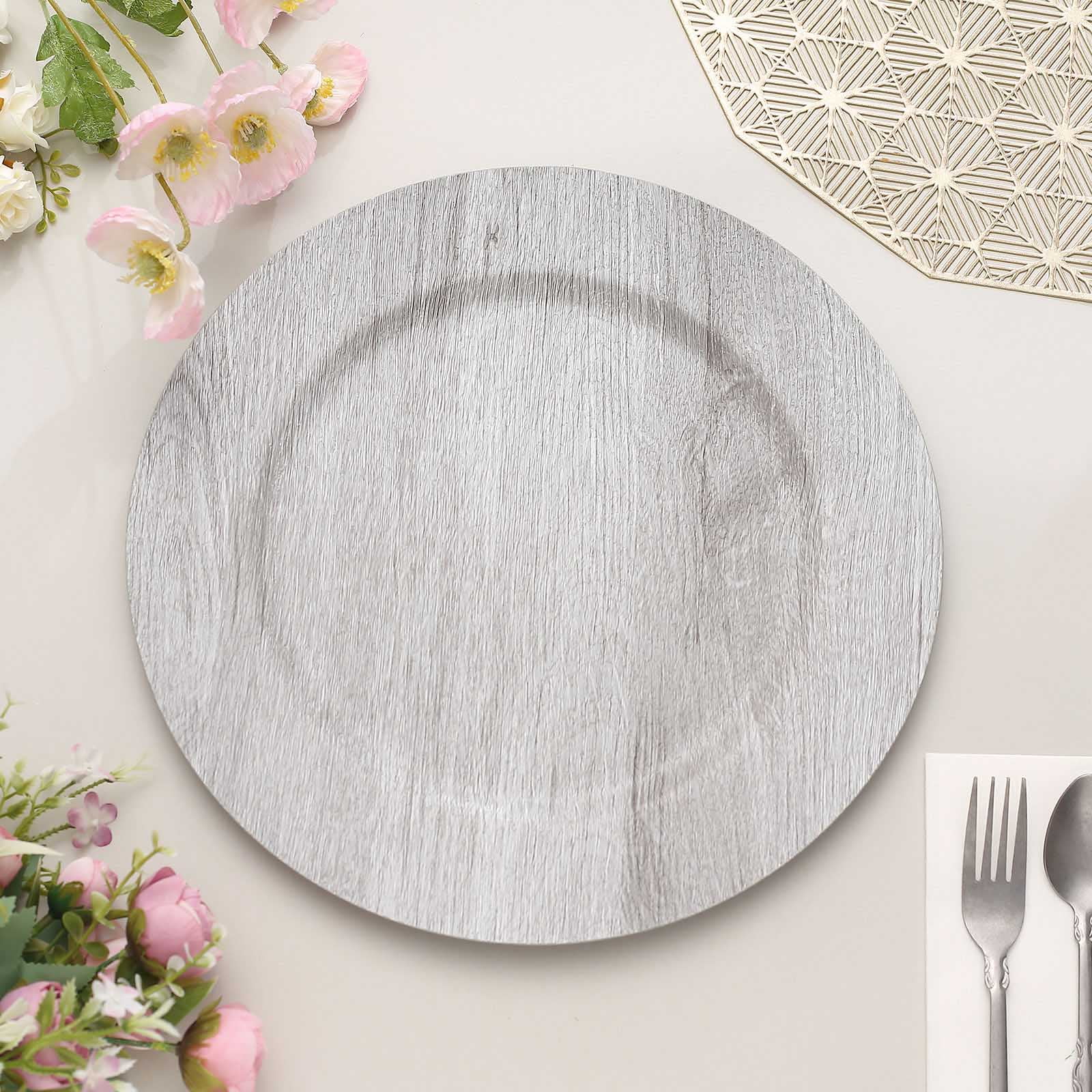 Efavormart 6 Pack | 13" Gray Boho Chic Faux Wood Plastic Charger Plates