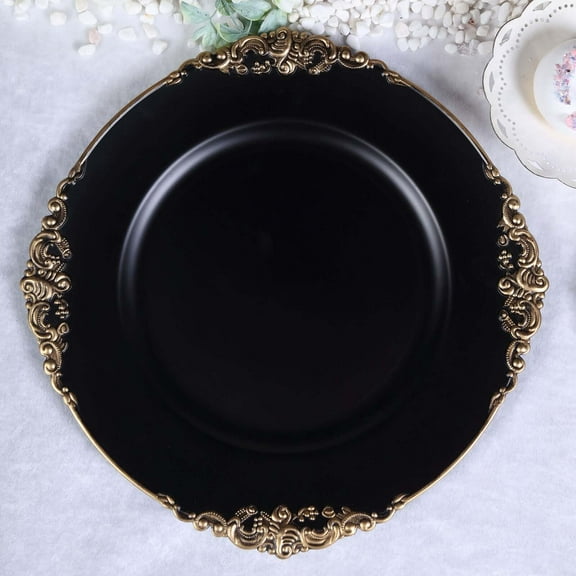 Efavormart 6 Pack - 13" Matte Black Round Baroque Charger Plates Leaf Embossed Rim Perfect for Wedding Catering Decorations Centerpieces, Events Party, Tabletop Decor & Dinner Servers
