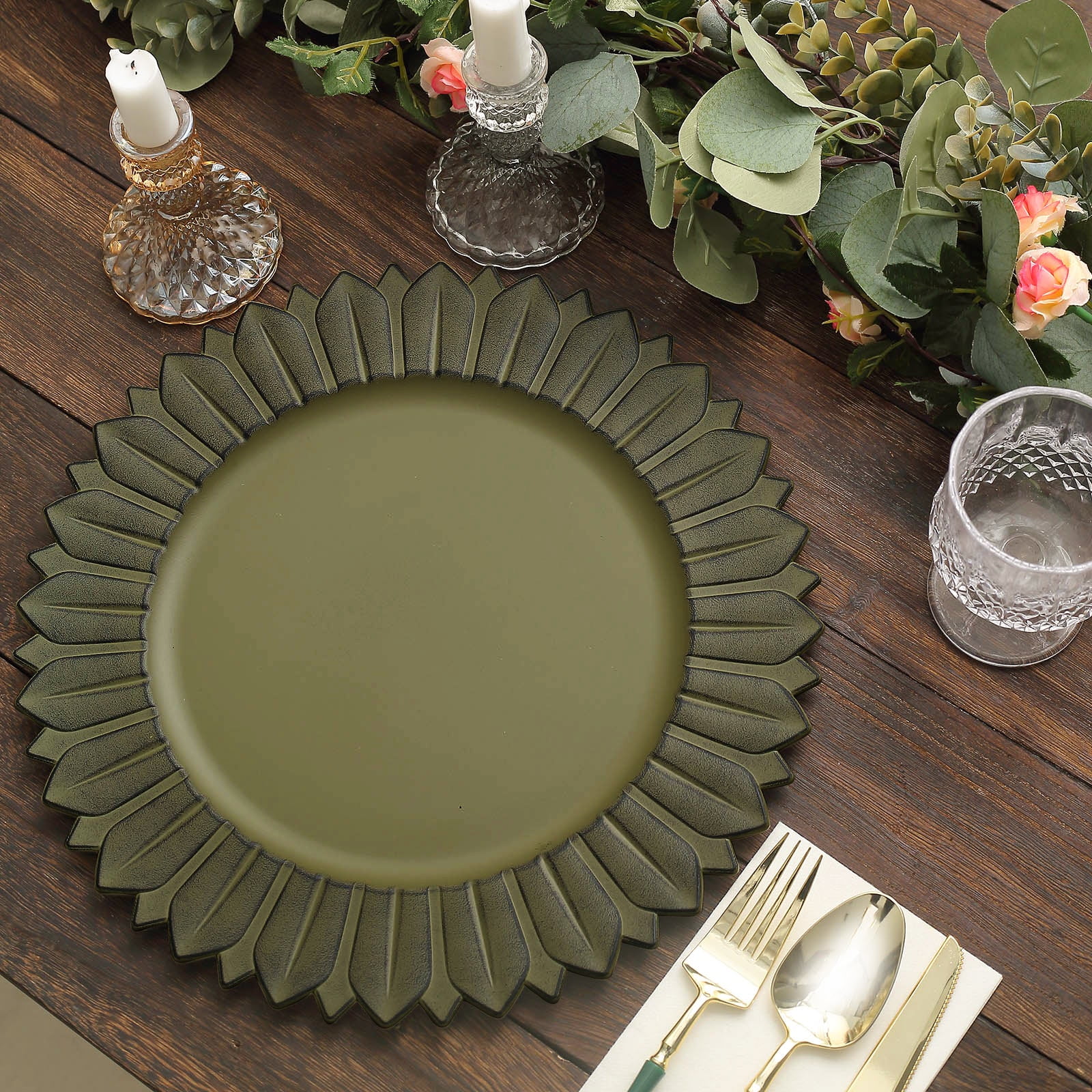 Efavormart 6 Pack 13" Matte Olive Green Sunflower Plastic Dinner