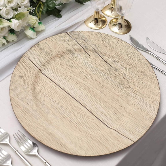 Efavormart 6 Pack | 13" Natural Boho Chic Faux Wood Plastic Charger Plates, Round Rustic Wedding Party Service Plates