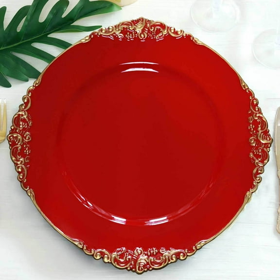 Efavormart 6 Pack - 13" Red Round Baroque Charger Plates Leaf Embossed Rim Perfect for Wedding Catering Decorations Centerpieces, Events Party, Tabletop Decor & Dinner Servers