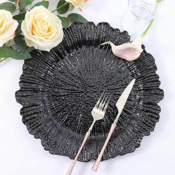 Efavormart 6 Pack 13" Round Black  Plastic Reef Charger Plates Ruffled Rim Dinner Charger Plates For Weddings Events