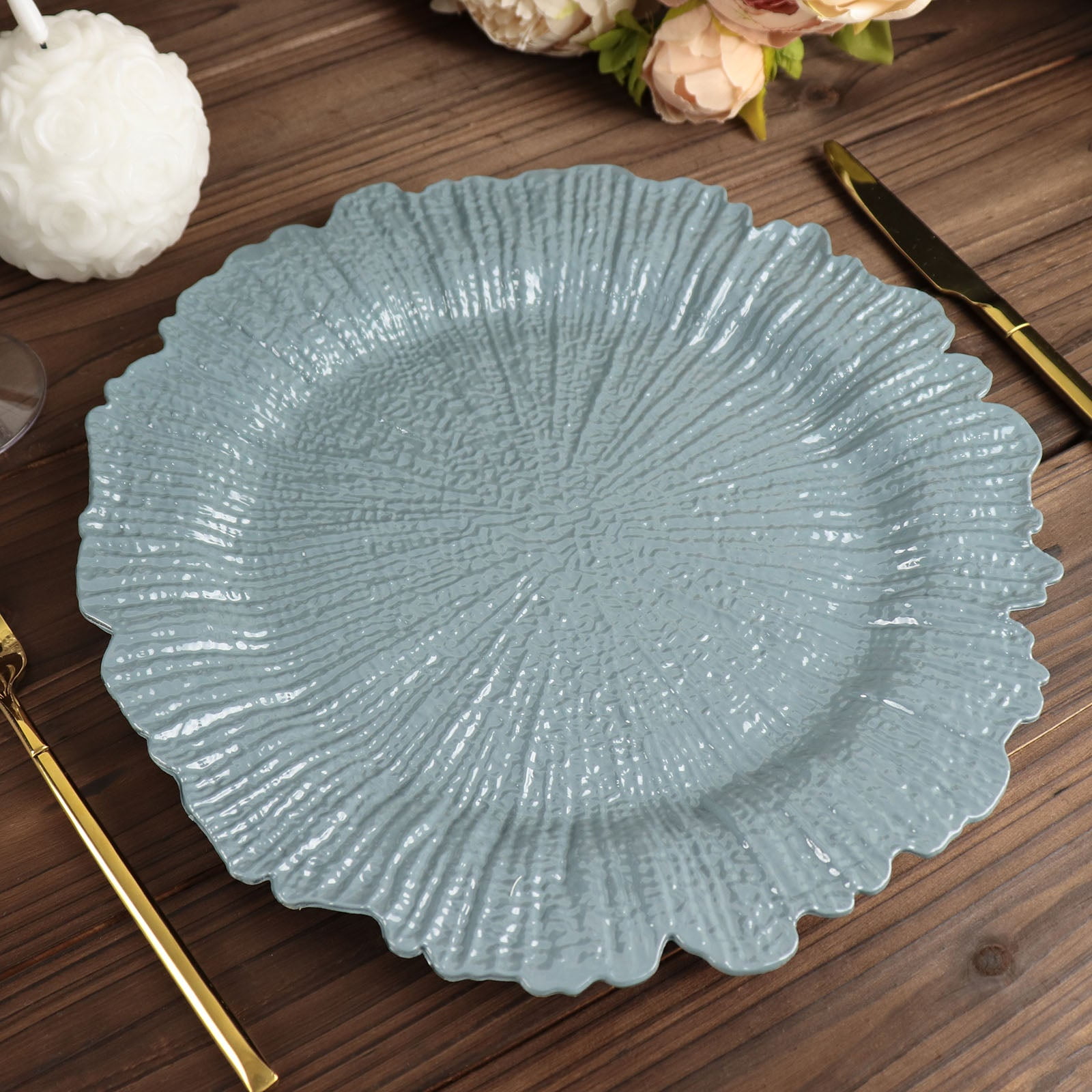 Efavormart 6 Pack 13" Round Dusty Blue Plastic Reef Charger Plates Ruffled Rim Dinner Charger ...