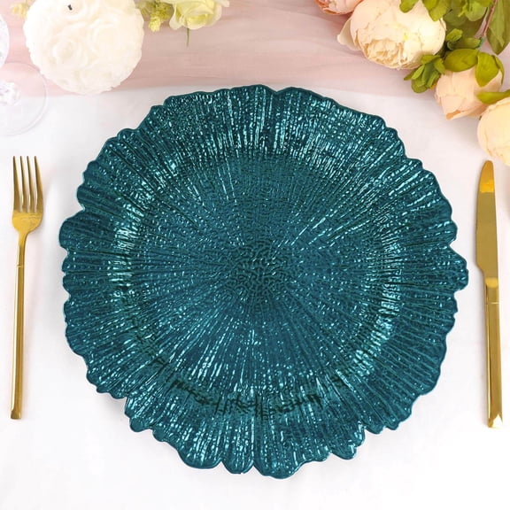 Efavormart 6 Pack 13" Round Peacock Teal Plastic Reef Charger Plates Ruffled Rim Dinner Charger Plates For Weddings Events