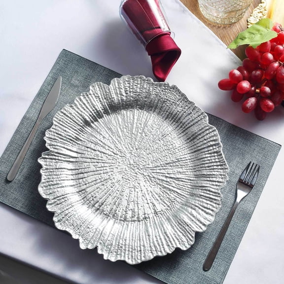 Efavormart 6 Pack 13" Round Silver Plastic Reef Charger Plates Ruffled Rim Dinner Charger Plates For Weddings Events