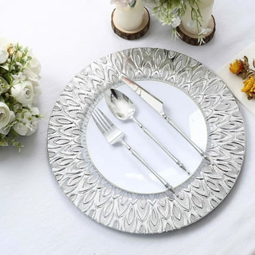 Efavormart 6 Pack | 13" Silver Embossed Peacock Design Plastic Serving Plates, Round Disposable Charger Plates