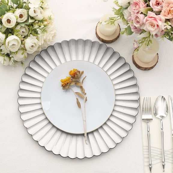 Efavormart 6 Pack | 13" Silver Scalloped Shell Pattern Plastic Serving Plates, Round Disposable Charger Plates