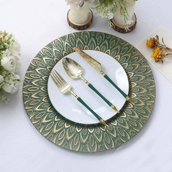 Efavormart 6 Pack | 13" Teal / Gold Embossed Peacock Design Plastic Serving Plates, Round Disposable Charger Plates