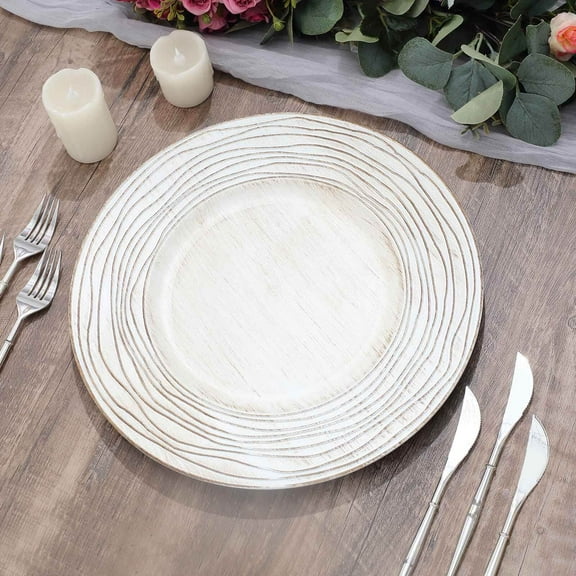 Efavormart 6 Pack | 13" White Washed Rose Embossed Faux Wood Plastic Charger Trays, Round Disposable Serving Plates