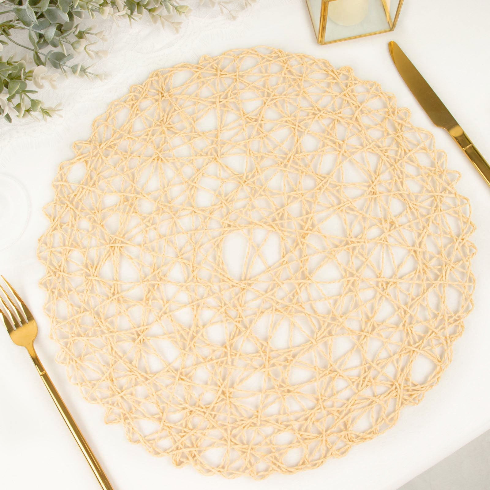 Beige 15" Round Woven Paper String Placemats, Set of 6
