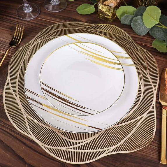 Efavormart 6 Pack | 15" Metallic Gold Round Washable Rose Flower Placemats, Non Slip Vinyl Dining Table Mats