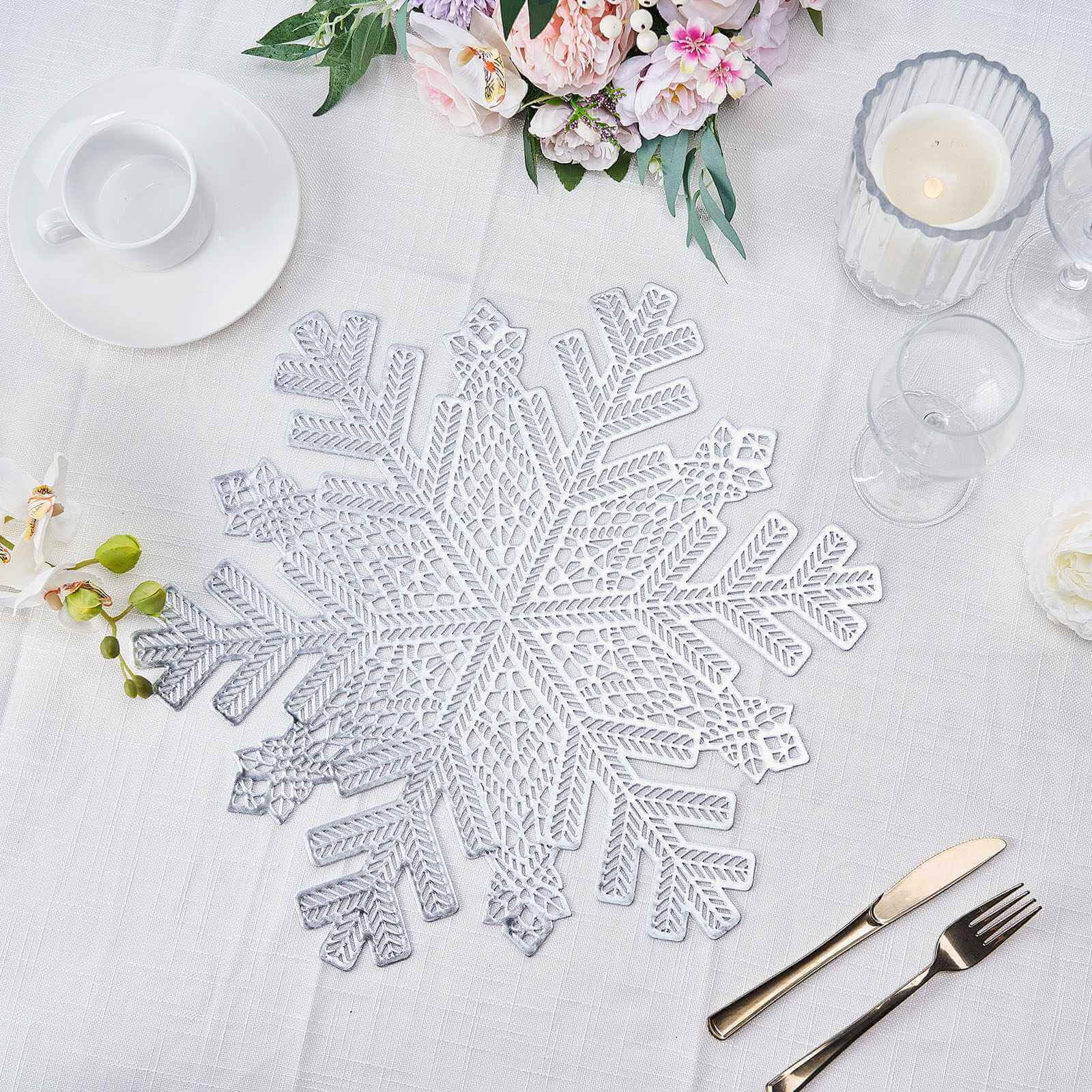 Silver Snowflake Design Vinyl Round Placemats, 18" Set of 6