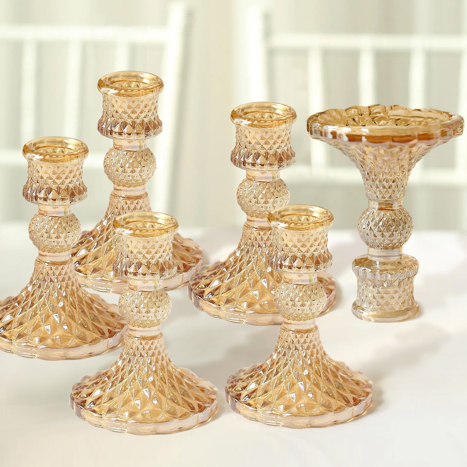 Efavormart 6 Pack | 4" Gold Glass Diamond Pattern Taper Candlestick ...