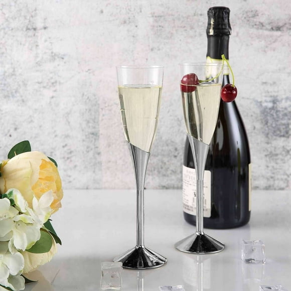 Efavormart 6 Pack - 5 oz - Plastic Champagne Flutes Disposable - Silver - Colored Detachable Base for Weddings, Birthdays, Parties, Receptions, Banquets, Baby Showers, Drinkware, Events