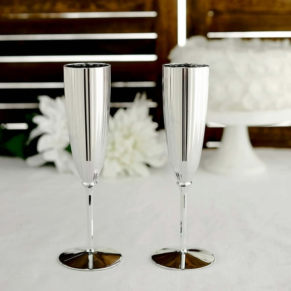 Efavormart 6 Pack - 5oz Premium Metallic Disposable Champagne Flutes - Silver Elegant Stylish Fancy Flutes for Party Toasting