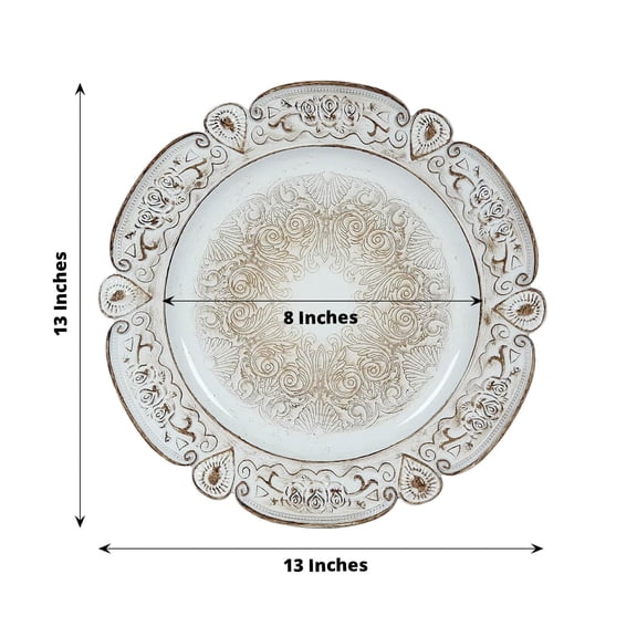 Efavormart 6-Pack Acrylic Charger Plates 13" Round Antique White Floral Embossed with Scalloped Rim - Plastic Decorative Charger Tableware