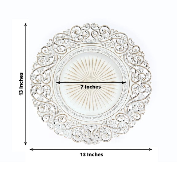 Efavormart 6-Pack Acrylic Charger Plates 13" Round Antique White with Vintage Floral Carved Rim - Event Tabletop Decorative Charger Tableware