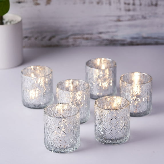 Efavormart 6 Pack Antique Silver Mercury Glass Candle Holders, Votive Tealight Holders With Geometric Design - Perfect for Wedding Ceremonies, Party Decorations, Banquet, Upscale Occasions