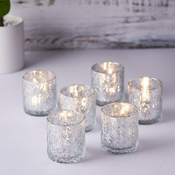 Efavormart 6 Pack Antique Silver Mercury Glass Candle Holders, Votive Tealight Holders With Geometric Design - Perfect for Wedding Ceremonies, Party Decorations, Banquet, Upscale Occasions