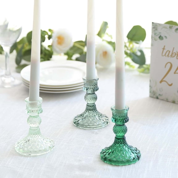 Efavormart 6 Pack Assorted Green Glass Taper Candlestick Holders with Diamond Pattern, Reversible Crystal Pillar Votive Candle Stands - 4"