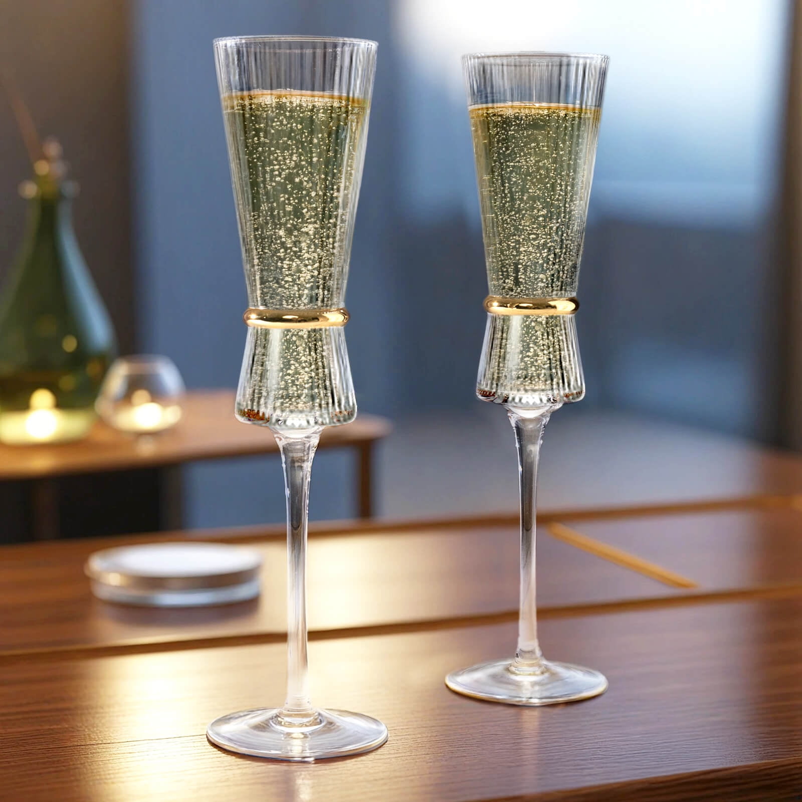 Efavormart 6-Pack Champagne Flutes – 6oz Real Glass, Clear Ribbed Stemware with Gold Ring Accent, Elegant Toasting Glasses for Weddings, Parties & Celebrations – 10" Tall