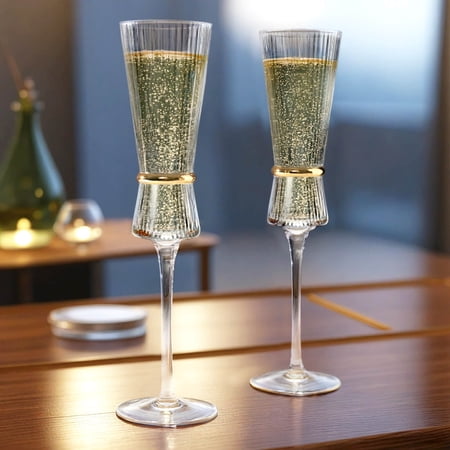 Efavormart 6-Pack Champagne Flutes – 6oz Real Glass, Clear Ribbed Stemware with Gold Ring Accent, Elegant Toasting Glasses for Weddings, Parties & Celebrations – 10" Tall
