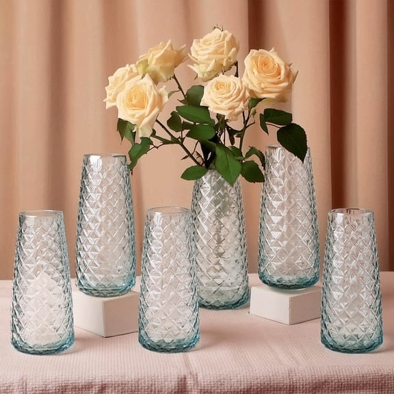 Efavormart 6 Pack Clear Glass Urn Vases with Diamond Crystal Cut Pattern, Decorative Flower Vase Table Centerpieces - 8.5"